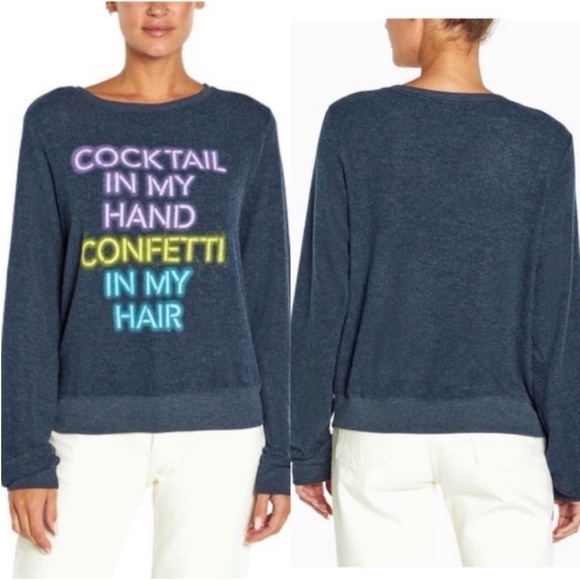 NEW Wildfox Navy Blue Cocktails & Confetti Pullover Soft Cozy Sweater Large - Picture 2 of 7